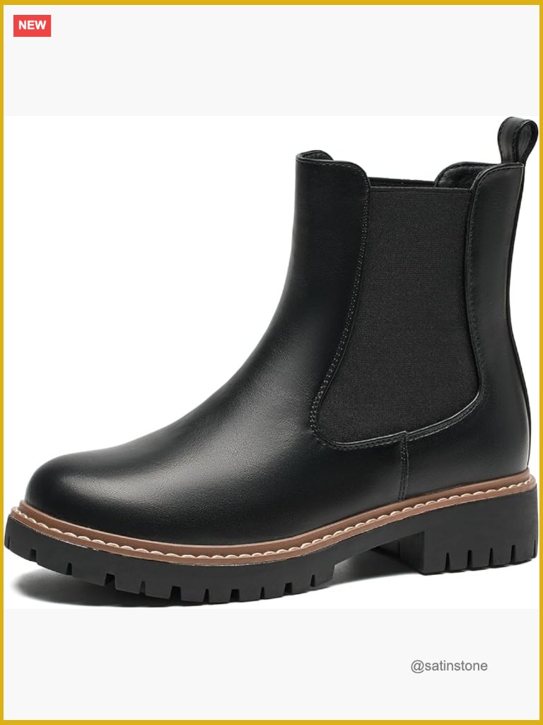 Faux Leather Ankle Booties With Chunky Lug Sole Pull-On Chelsea Boots